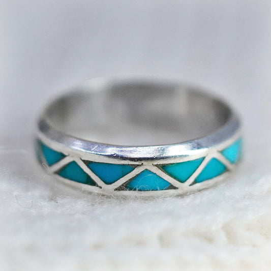 Size 8.5, Sterling silver handmade ring, 925 zig zag band with turquoise, Zuni