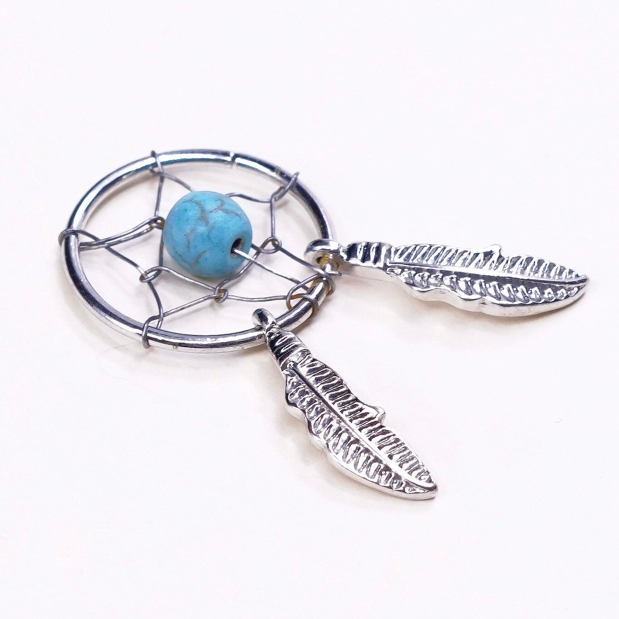 Sterling silver handmade pendant, 925 circle net charm w/ turquoise n feather