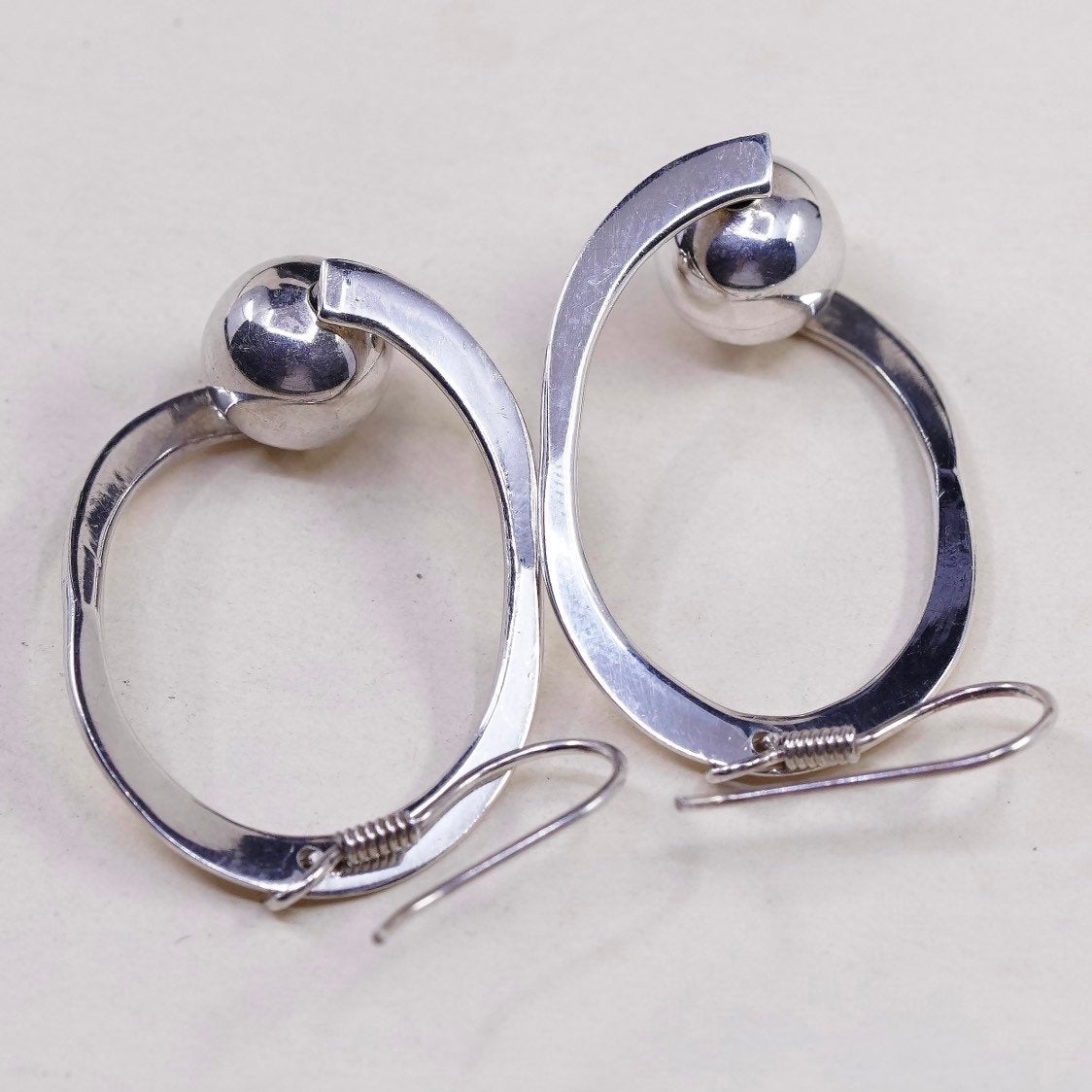 vtg mexico sterling silver handmade earrings, 925 loops w/ bead Dangles