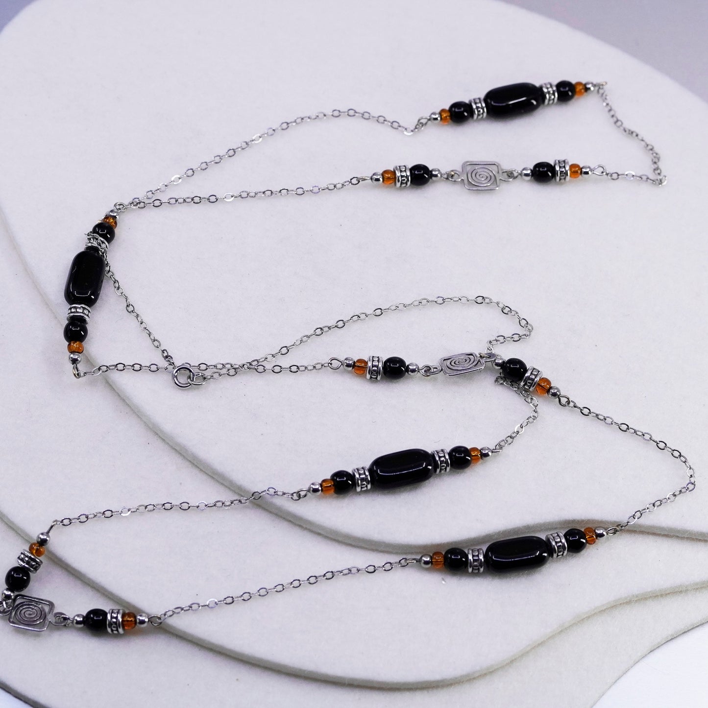 42”, Sterling 925 silver handmade extra long circle chain necklace w/ obsidian