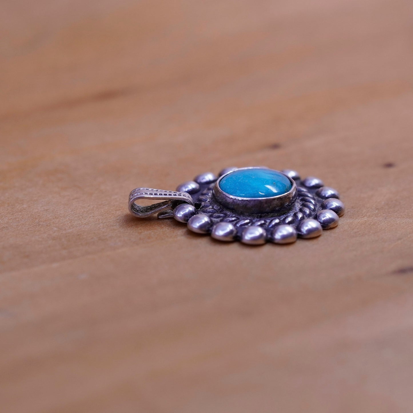 Vintage Sterling silver handmade pendant with turquoise, 925 flower with beads