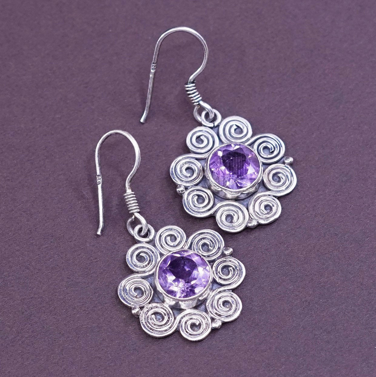 vtg Sterling silver handmade earrings, 925 swirl flower dangles w/ amethyst