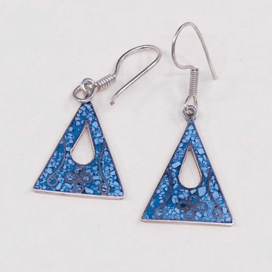 vtg Sterling silver handmade earrings, 925 triangular dangles n turquoise