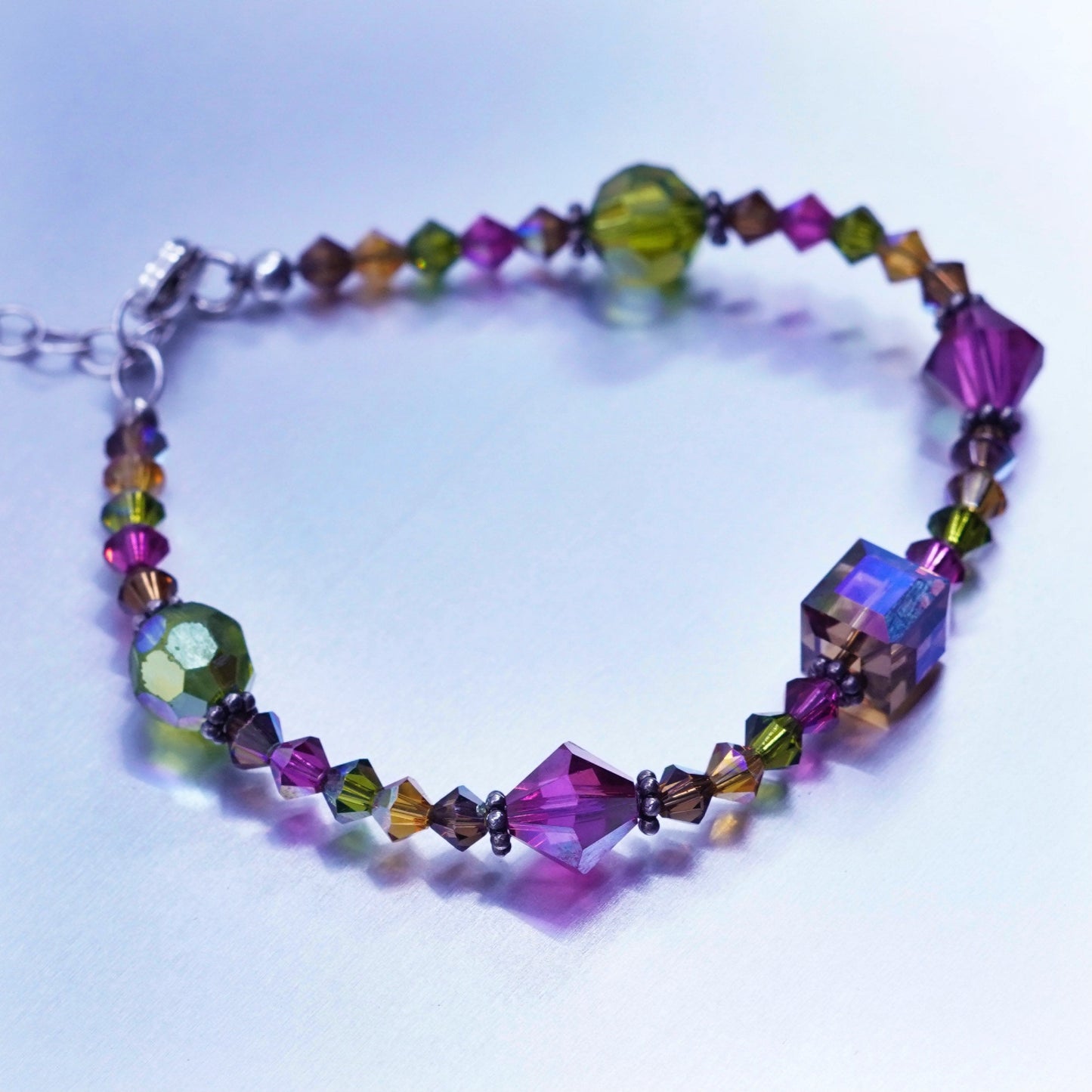 6.5+1”, Sterling 925 silver handmade bracelet with colorful crystal beads