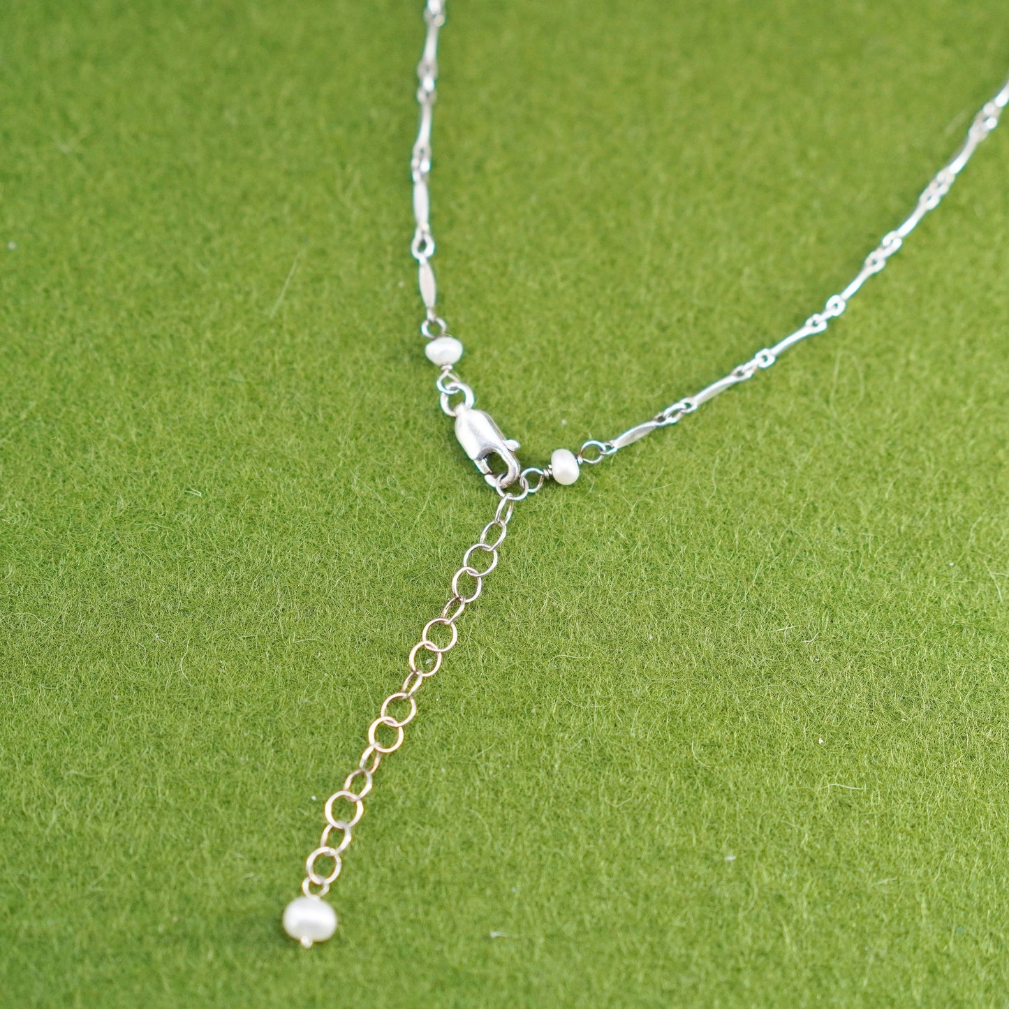 16+2”, sterling silver necklace, flatten bone chain pearl crystal pendant