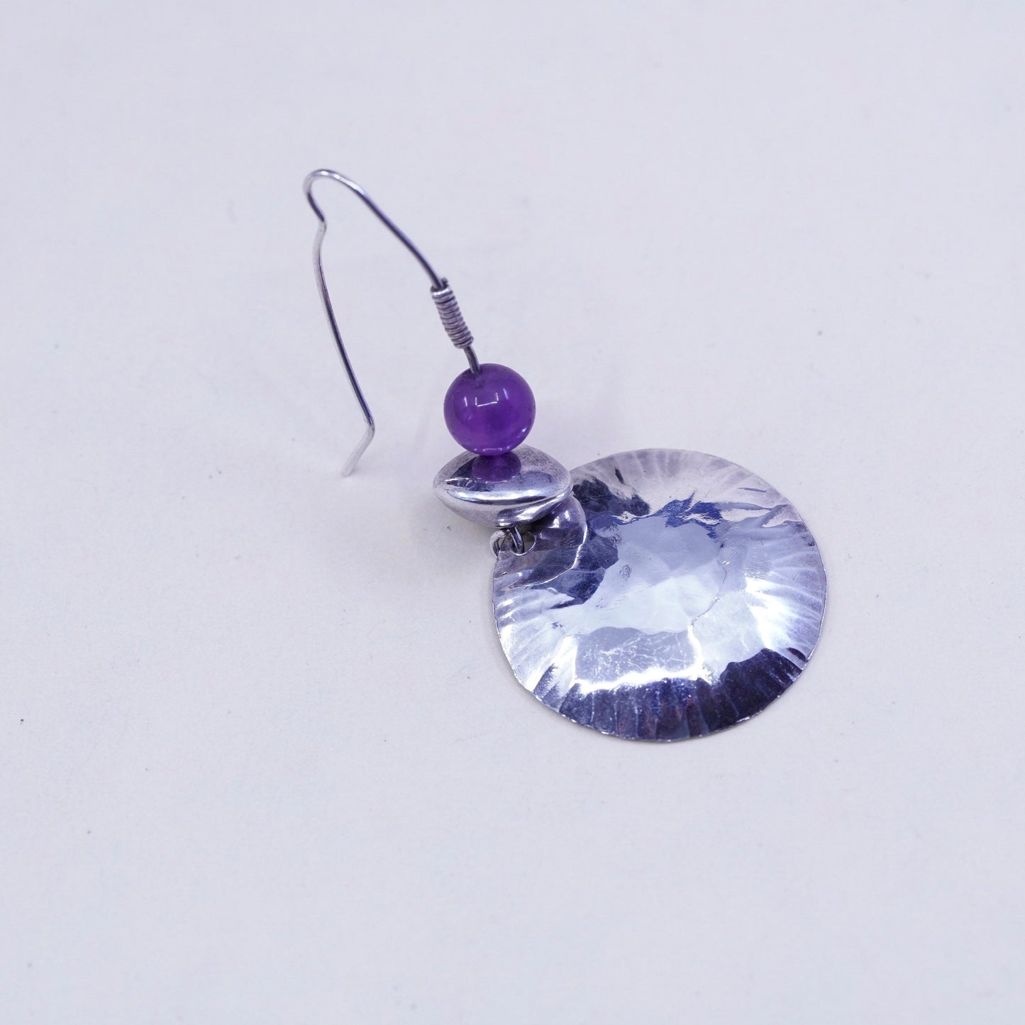 Sterling silver handmade earrings, hammered 925 circle dangle with amethyst