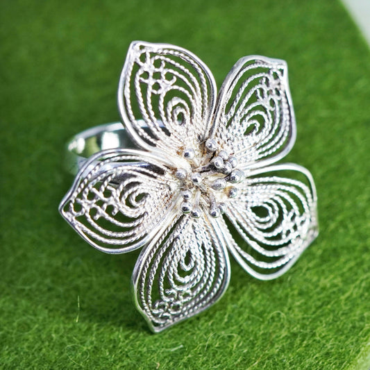 Size 8.5, vintage Sterling silver handmade ring, 925 filigree flower band