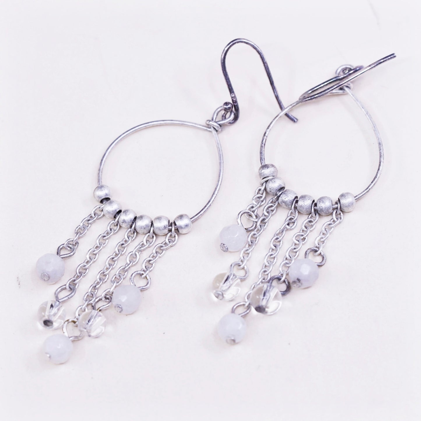 vtg sterling silver handmade earrings, 925 w/ cluster crystal fringe dangles
