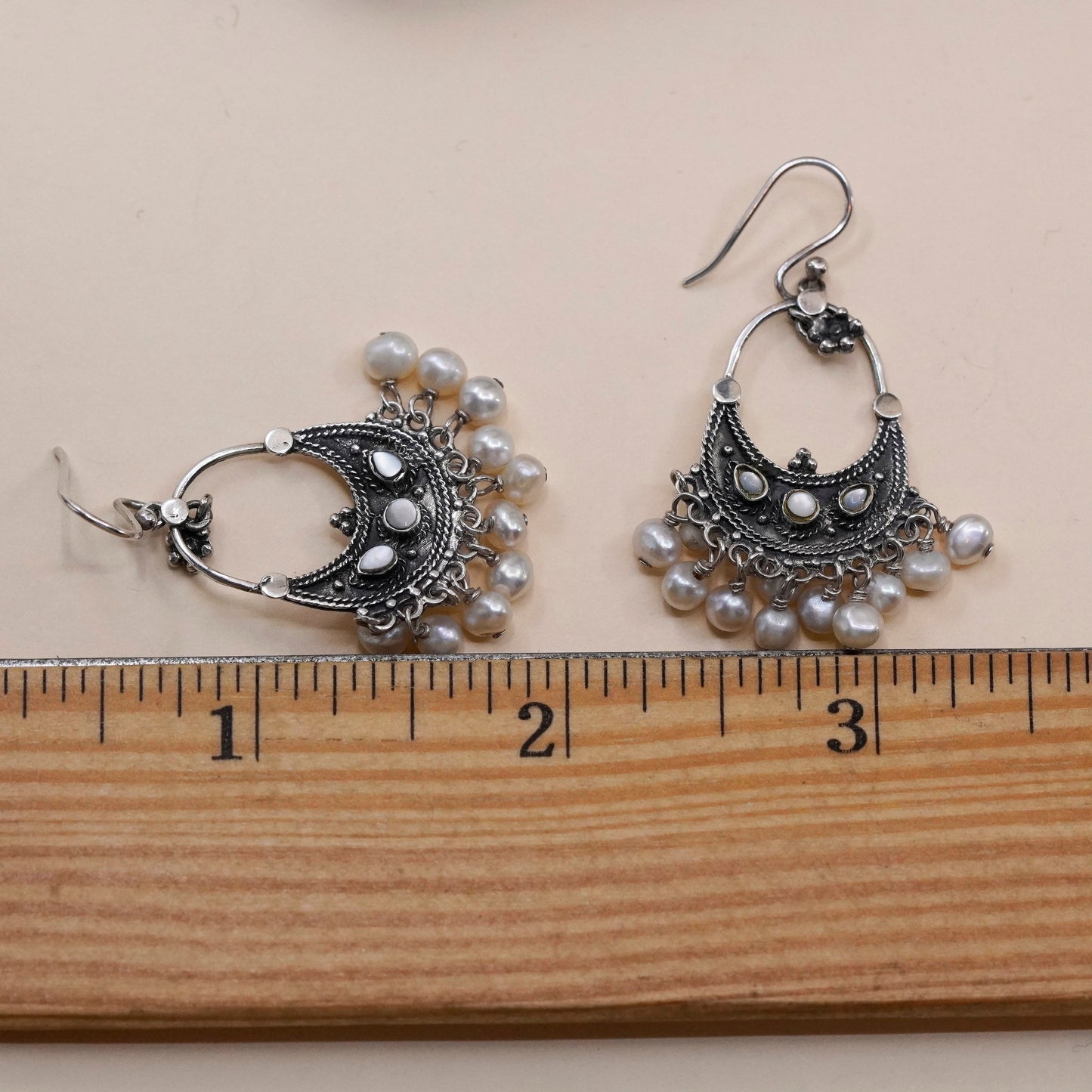 vtg sterling 925 silver handmade earrings with moonstone cluster pearl dangles