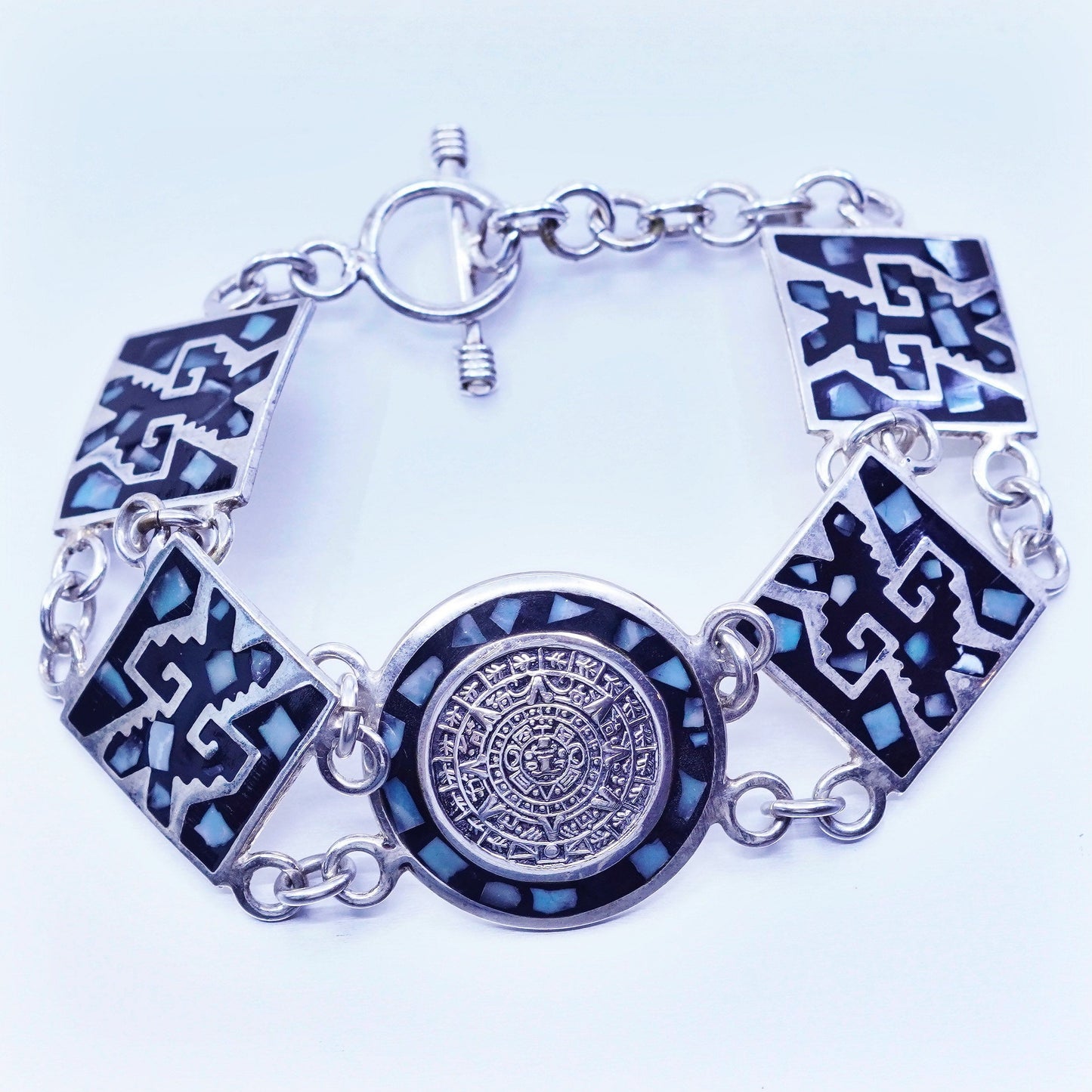 7.5”, Mexico handmade Sterling 925 silver bracelet mayan calendar turquoise