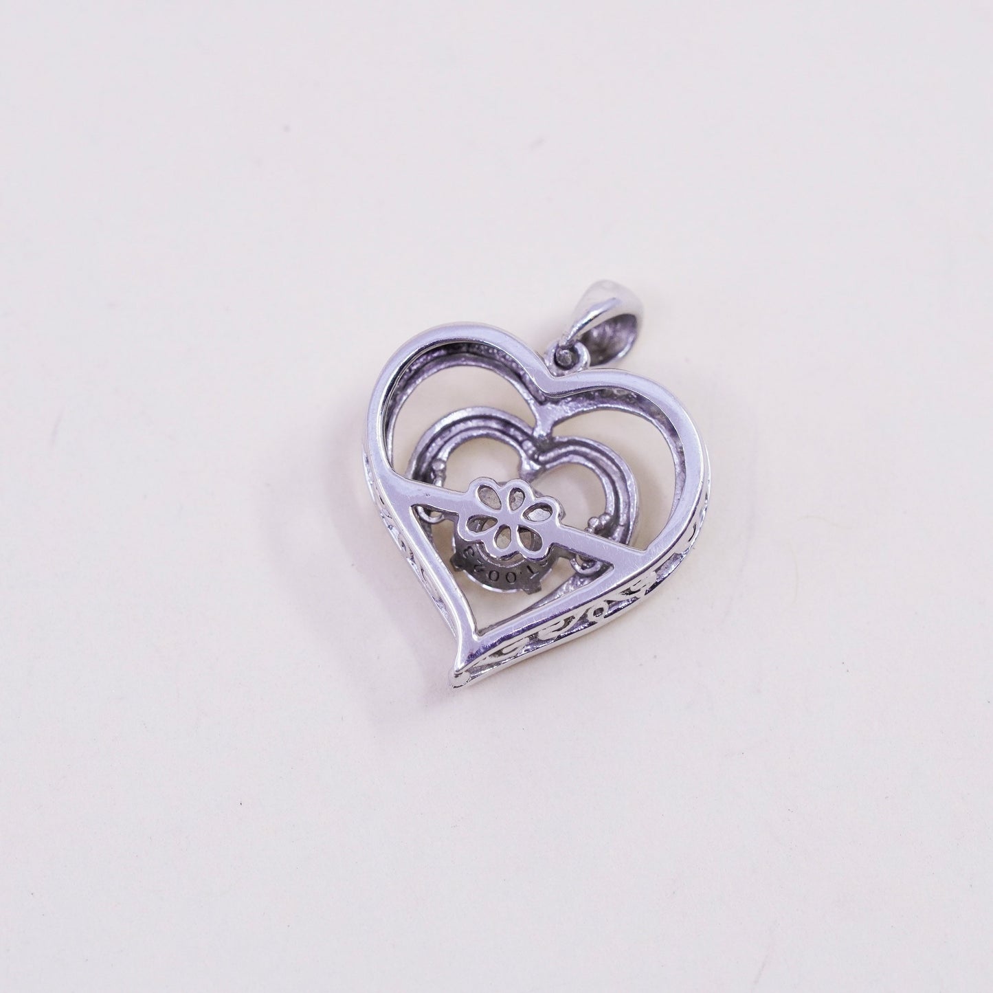 Vintage sterling 925 silver heart pendant with clear Cz