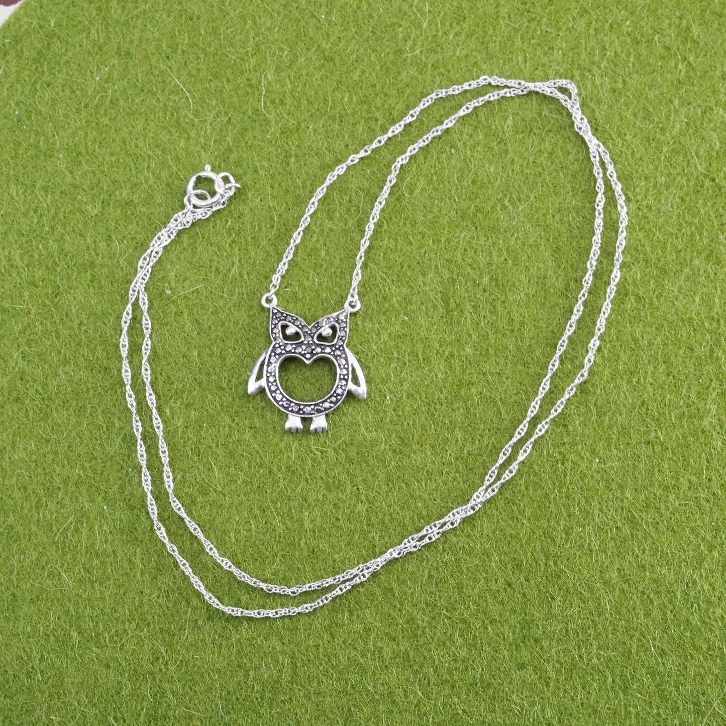 18”, sterling silver handmade necklace, 925 Singapore chain with owl pendant