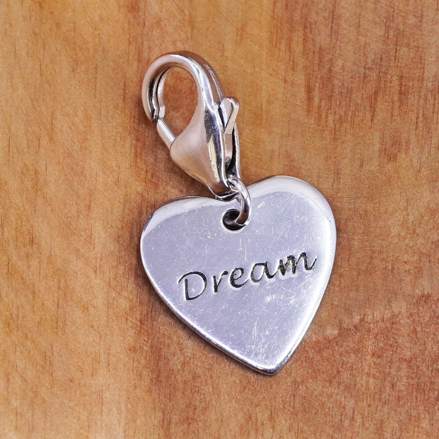 Vintage Sterling silver handmade charm, 925 heart pendant engraved dream