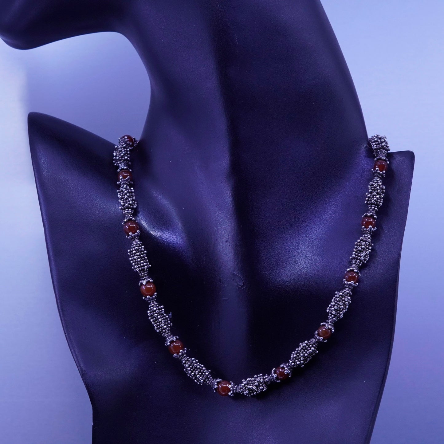 16”, vintage Sterling 925 silver handmade necklace with carnelian beads