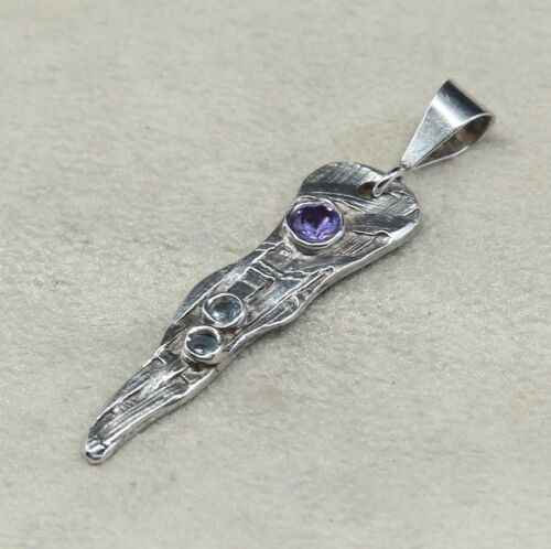 Vtg Sterling silver handmade pendant, 925 silver w/ amethyst N Blue Topaz