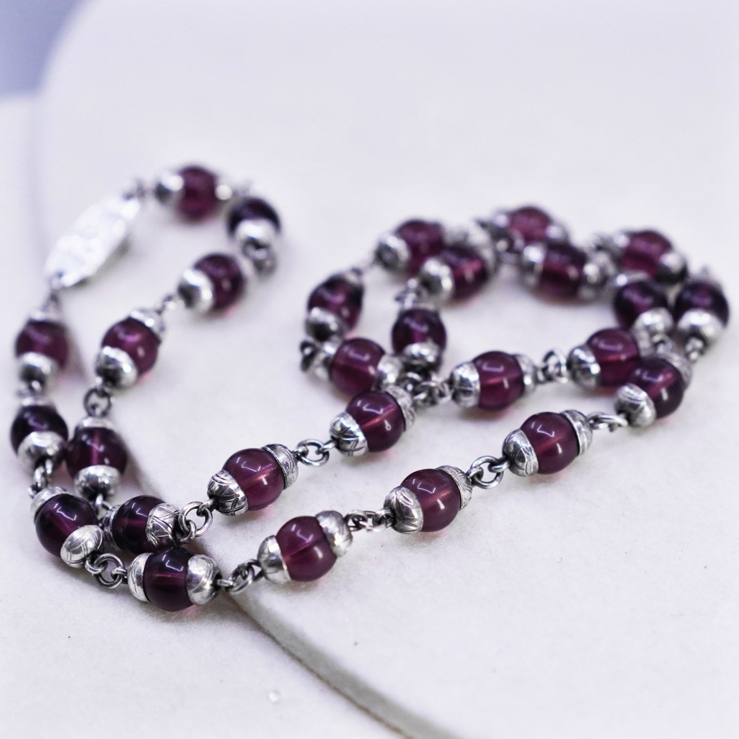 20”, vintage Mexico Sterling 925 silver handmade necklace w/ purple glass beads