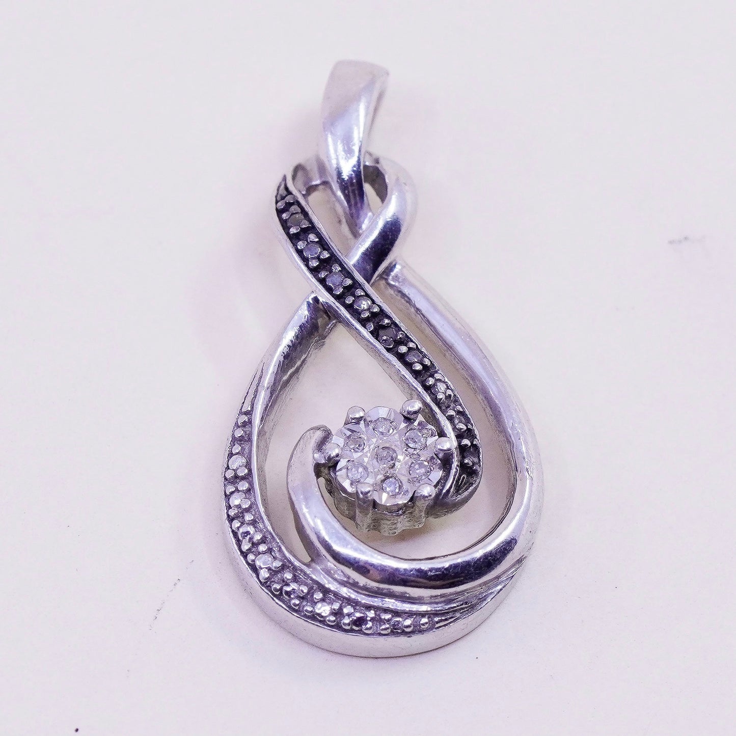 vintage Sterling silver Pendant, 925 entwined teardrop with real diamond