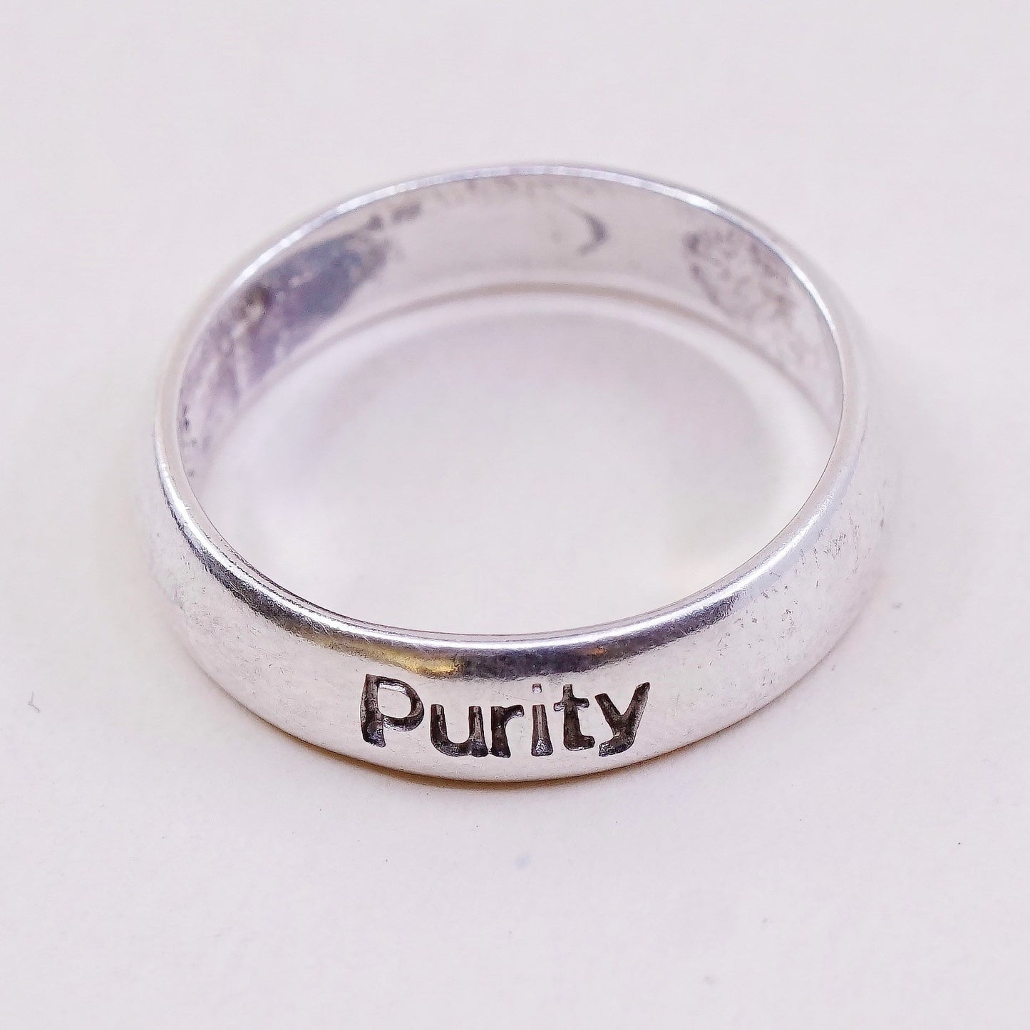 sz 7, vtg BSD sterling silver handmade ring, 925 prayer band, engraved “purity”