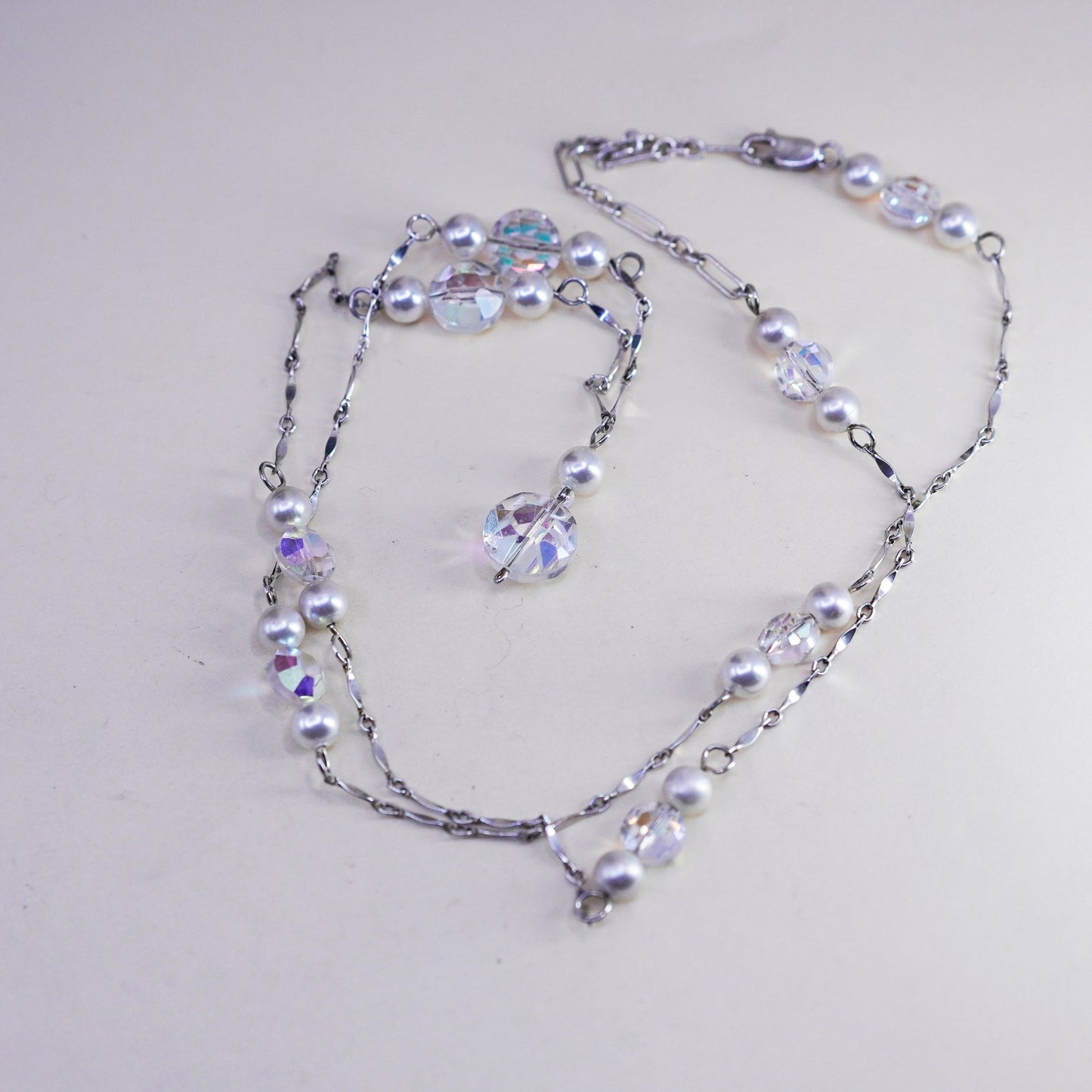 26” Sterling 925 silver handmade necklace, elongated chain pearl and crystal