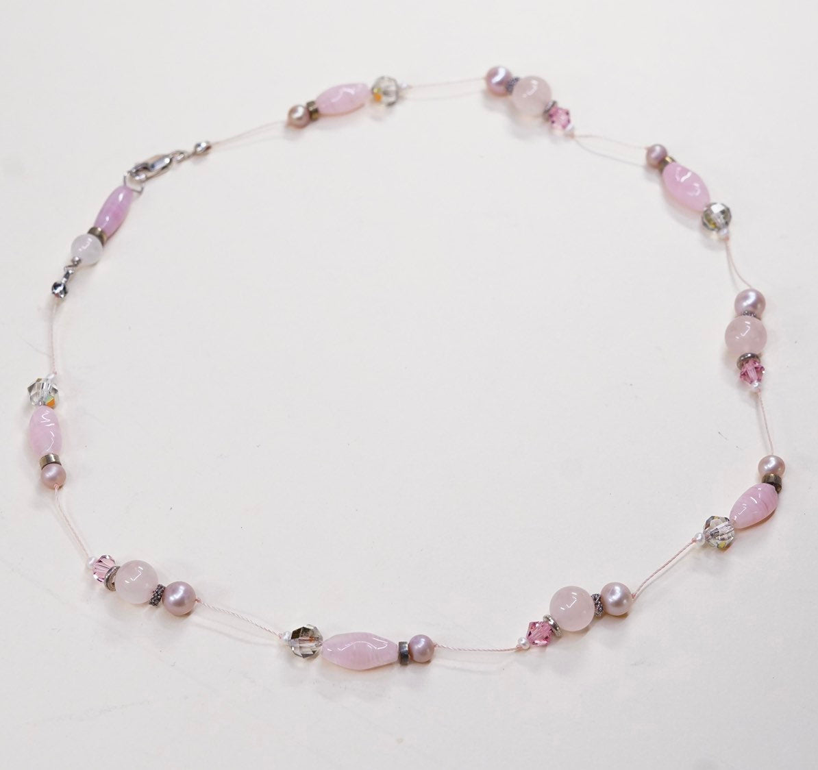 18”, vtg handmade Sterling silver clasp with pink quartz beads necklace