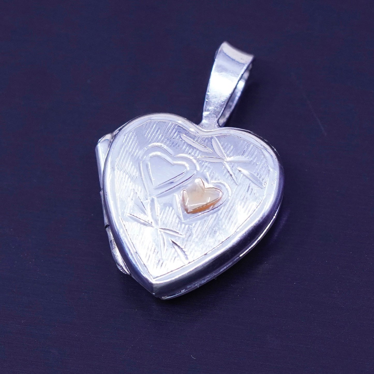 Antique Sterling silver charm, 925 photo locket embossed double hearts