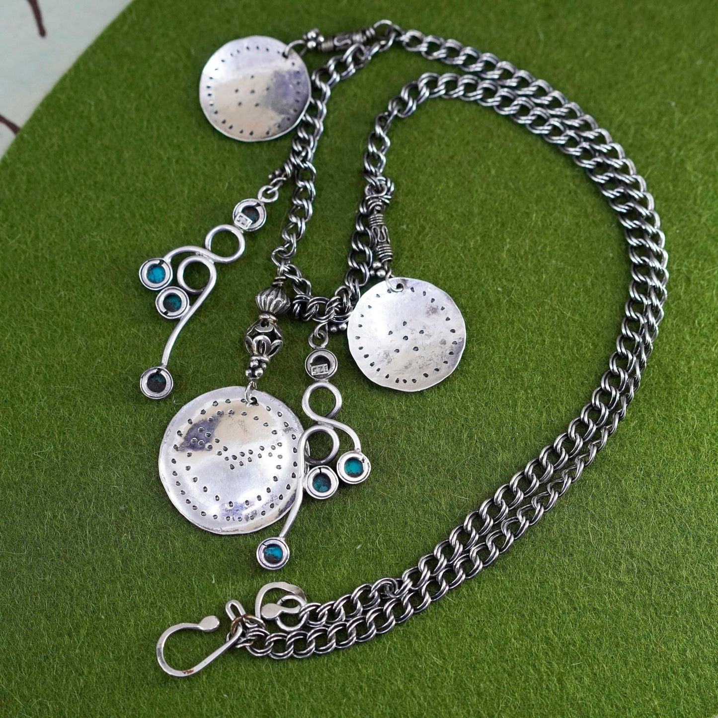 20”, Sterling 925 silver necklace, double curb chain with turquoise and discs