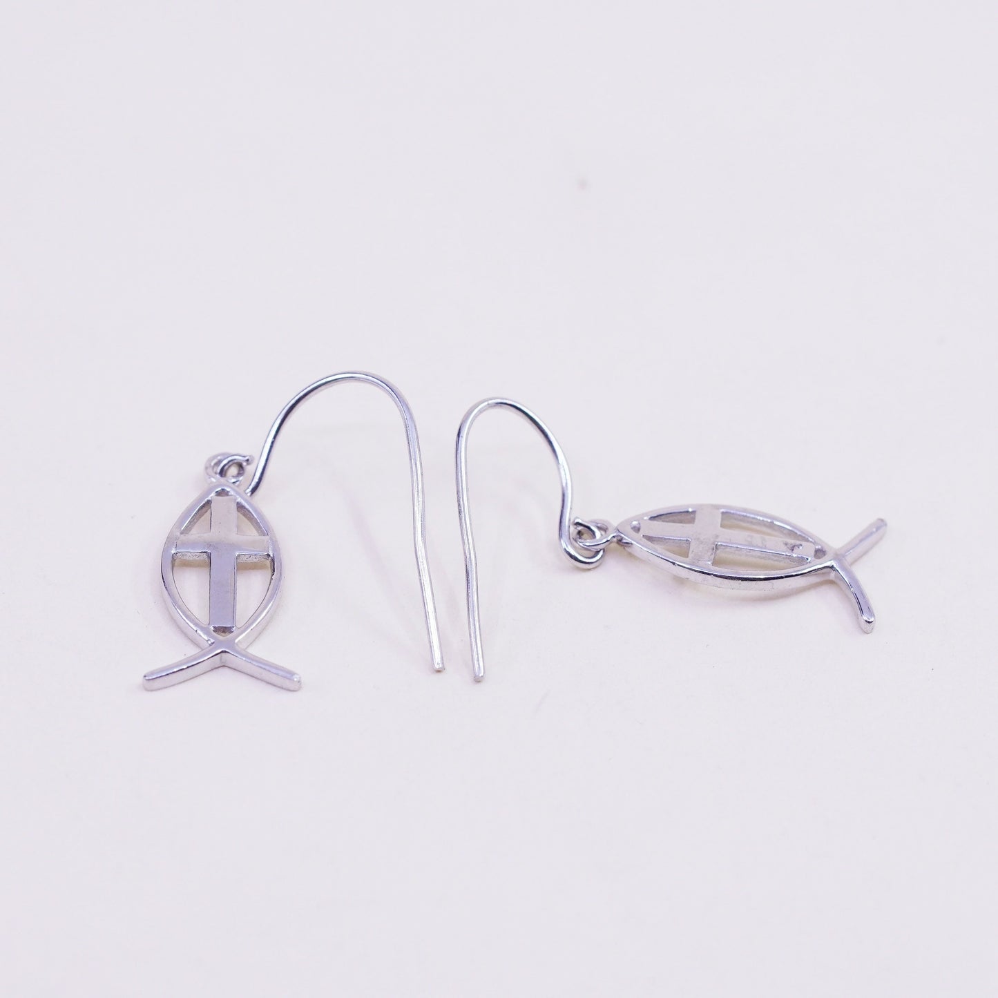 Vintage sterling silver handmade modern earrings, 925 fish with cross