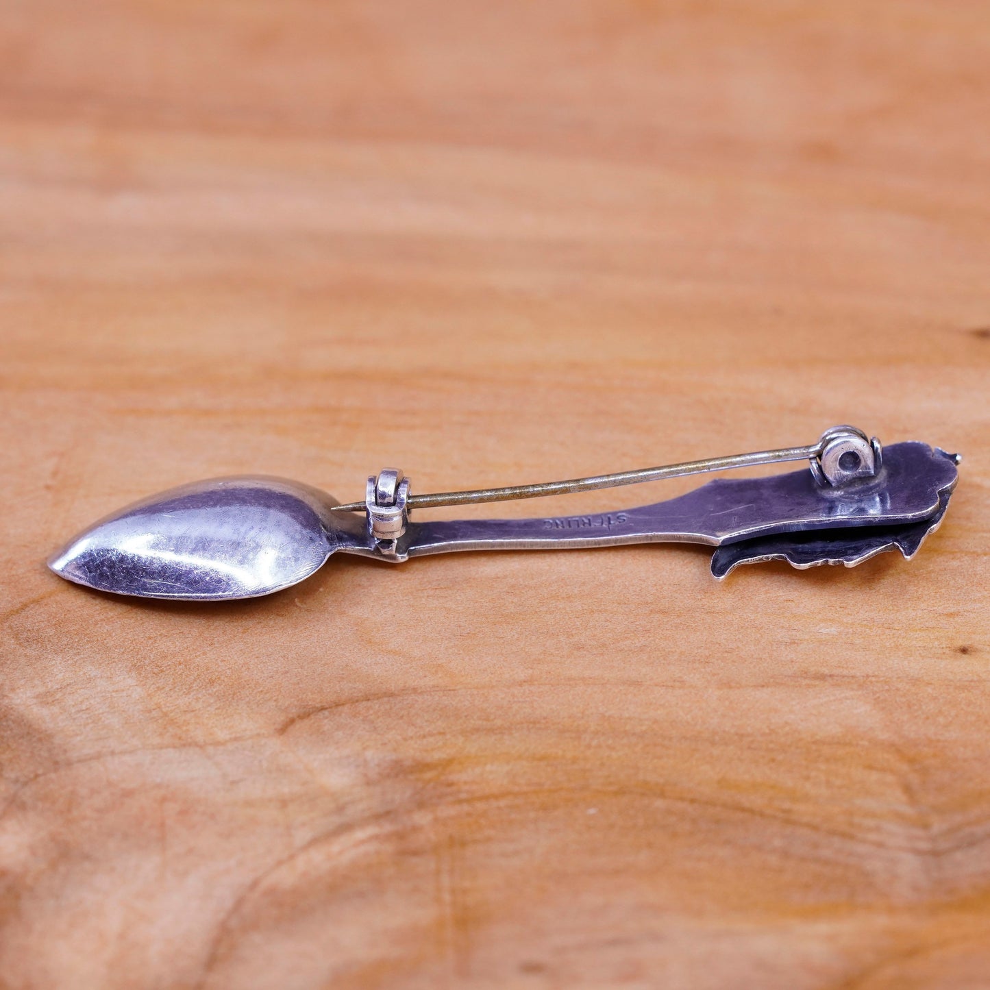 Vintage sterling silver handmade brooch, 925 spoon pin with Greek soldier