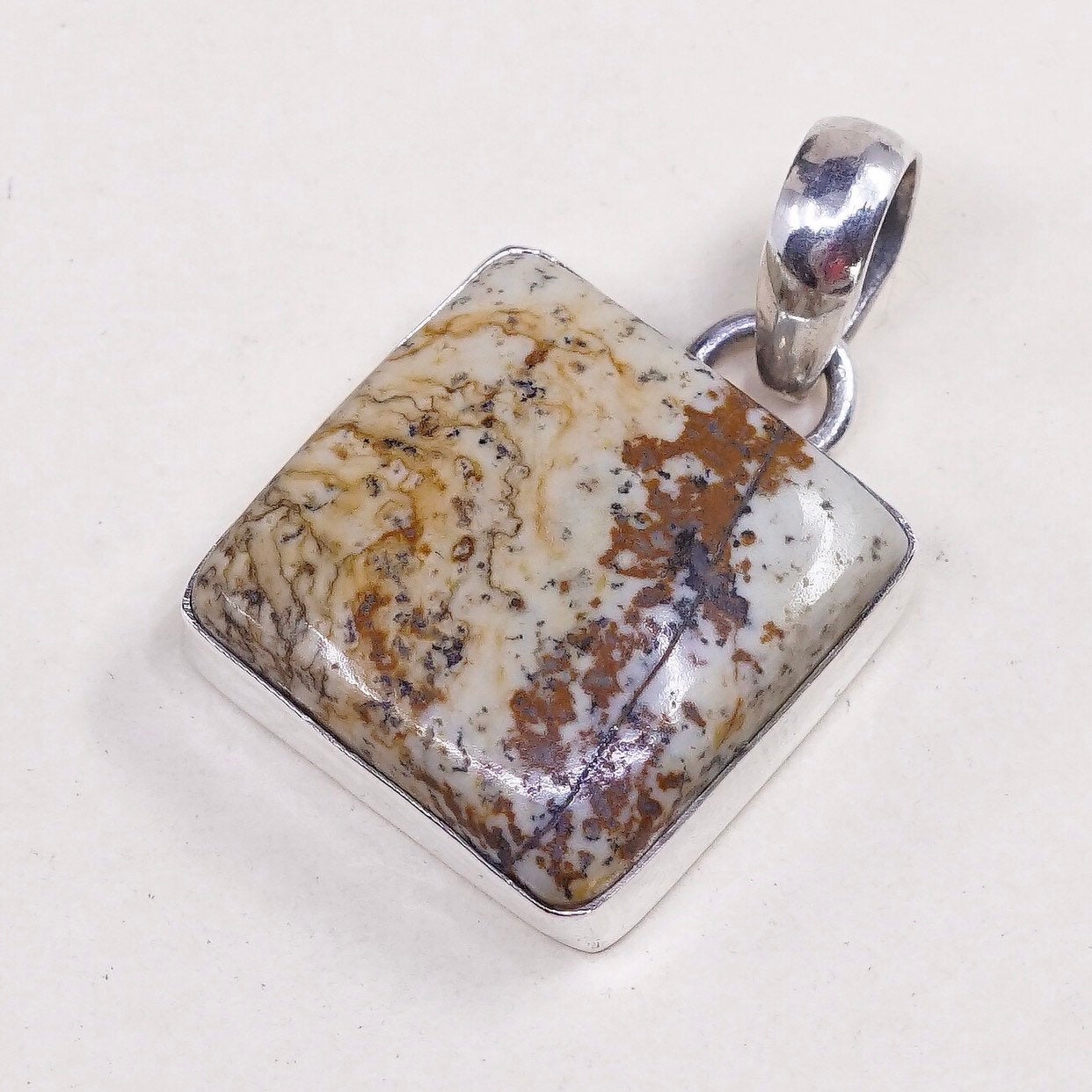 VTG sterling silver handmade pendant, solid 925 silver with square jasper