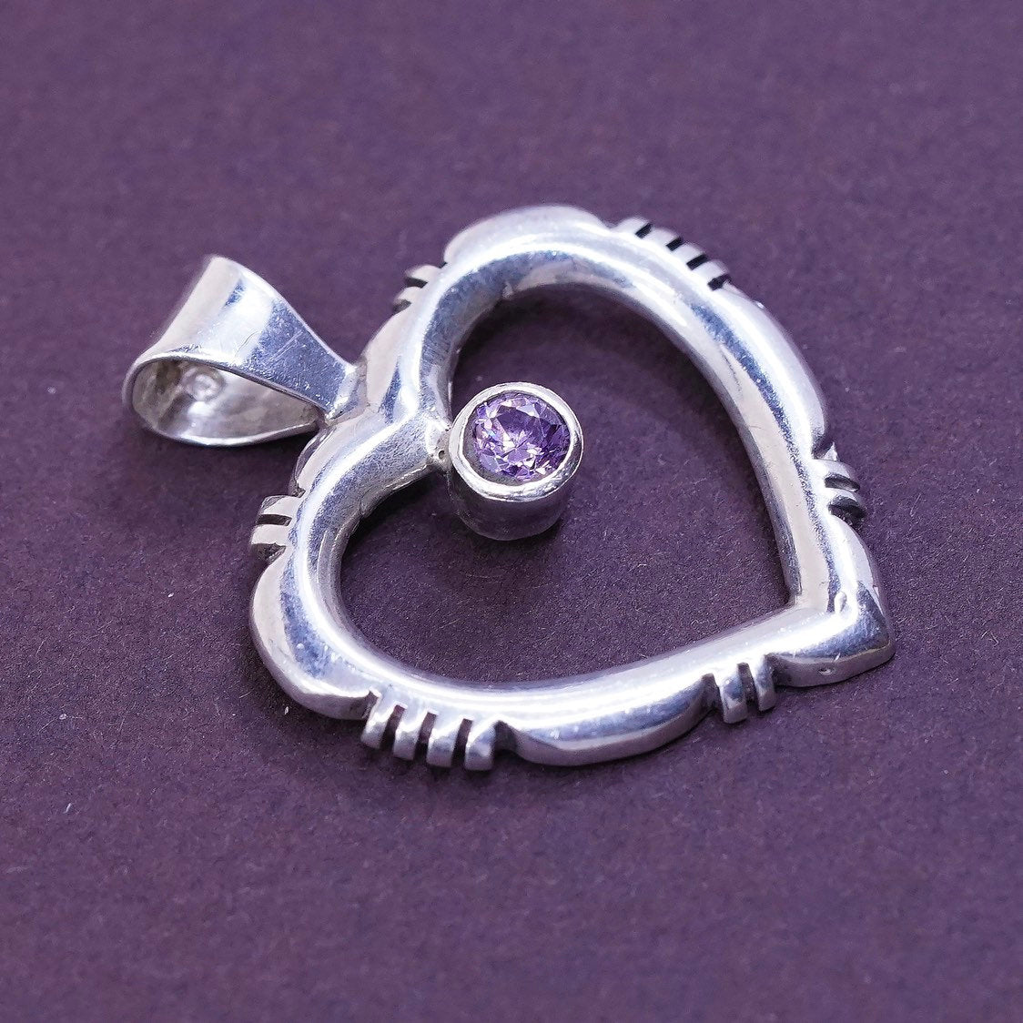vtg Sterling silver heart handmade pendant, 925 w/ amethyst