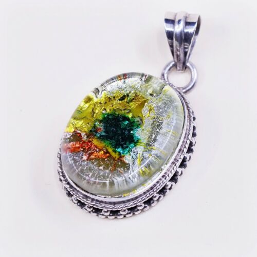 Vtg Sterling Silver Handmade Pendant, Mexico 925 With Vivic Green Foiled Glass