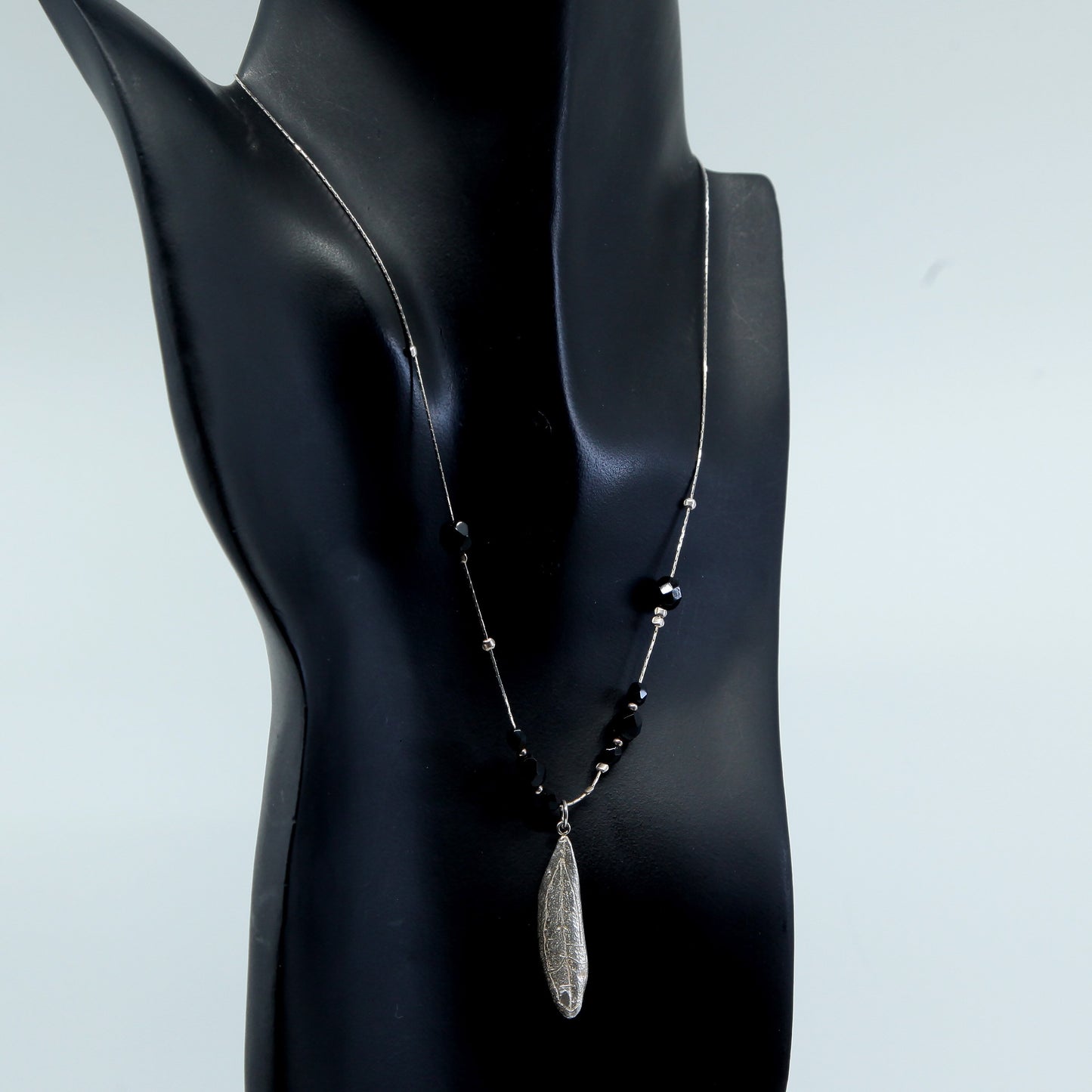 16", Sterling silver handmade necklace, 925 snake chain leaf pendant obsidian