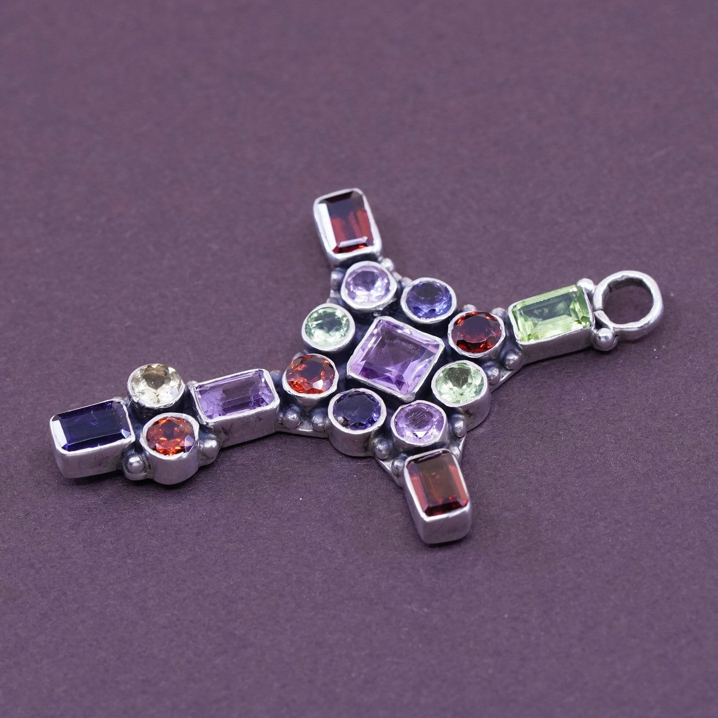 Vintage Sterling 925 silver cross pendant with amethyst, ruby, peridot, citrine