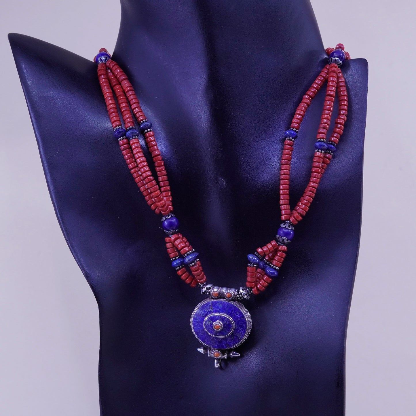 18”, native American Sterling 925 silver necklace, Coral heishi lapis lazuli