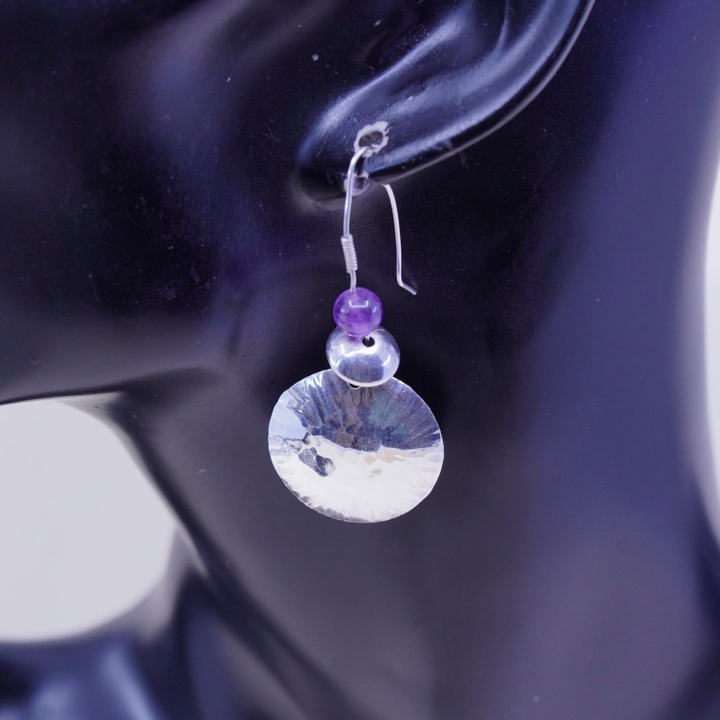 Sterling silver handmade earrings, hammered 925 circle dangle with amethyst