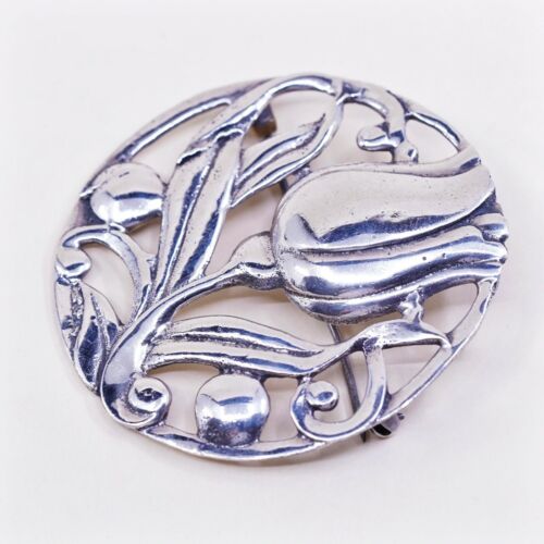 VTG Sterling Silver Handmade Flower Floral Tulip W/ Leaves Brooch Pin