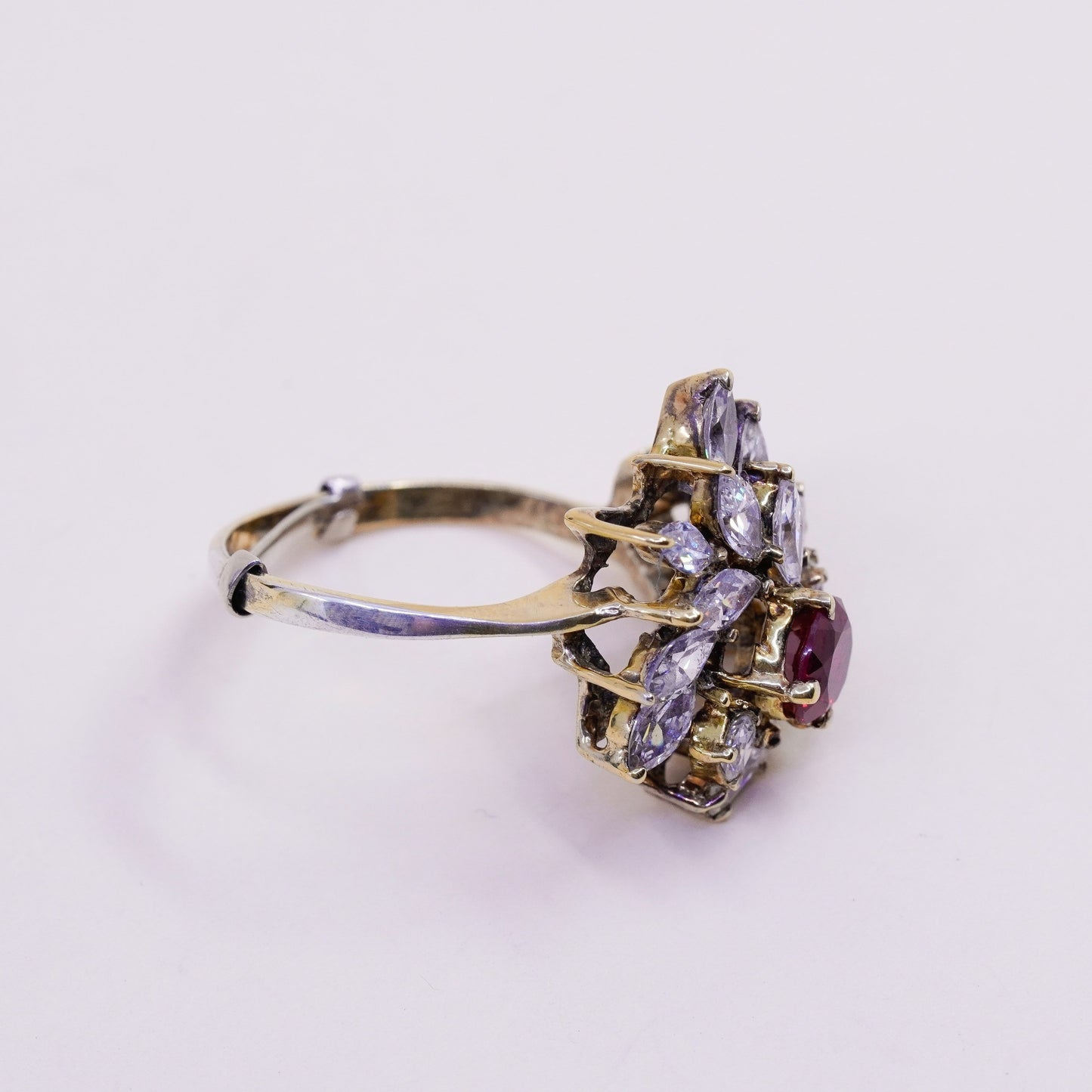 Size 10.5, Vintage sterling silver handmade statement ring, ruby and cluster cz