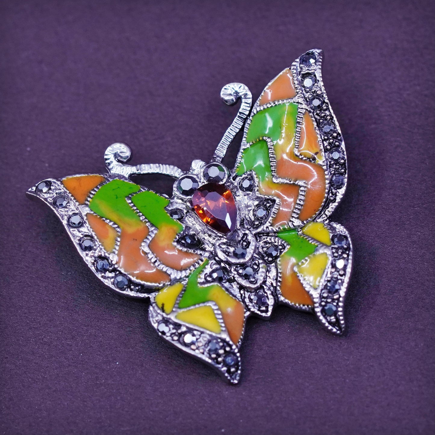 Art Deco southwestern sterling 925 silver butterfly brooch with ruby enamel