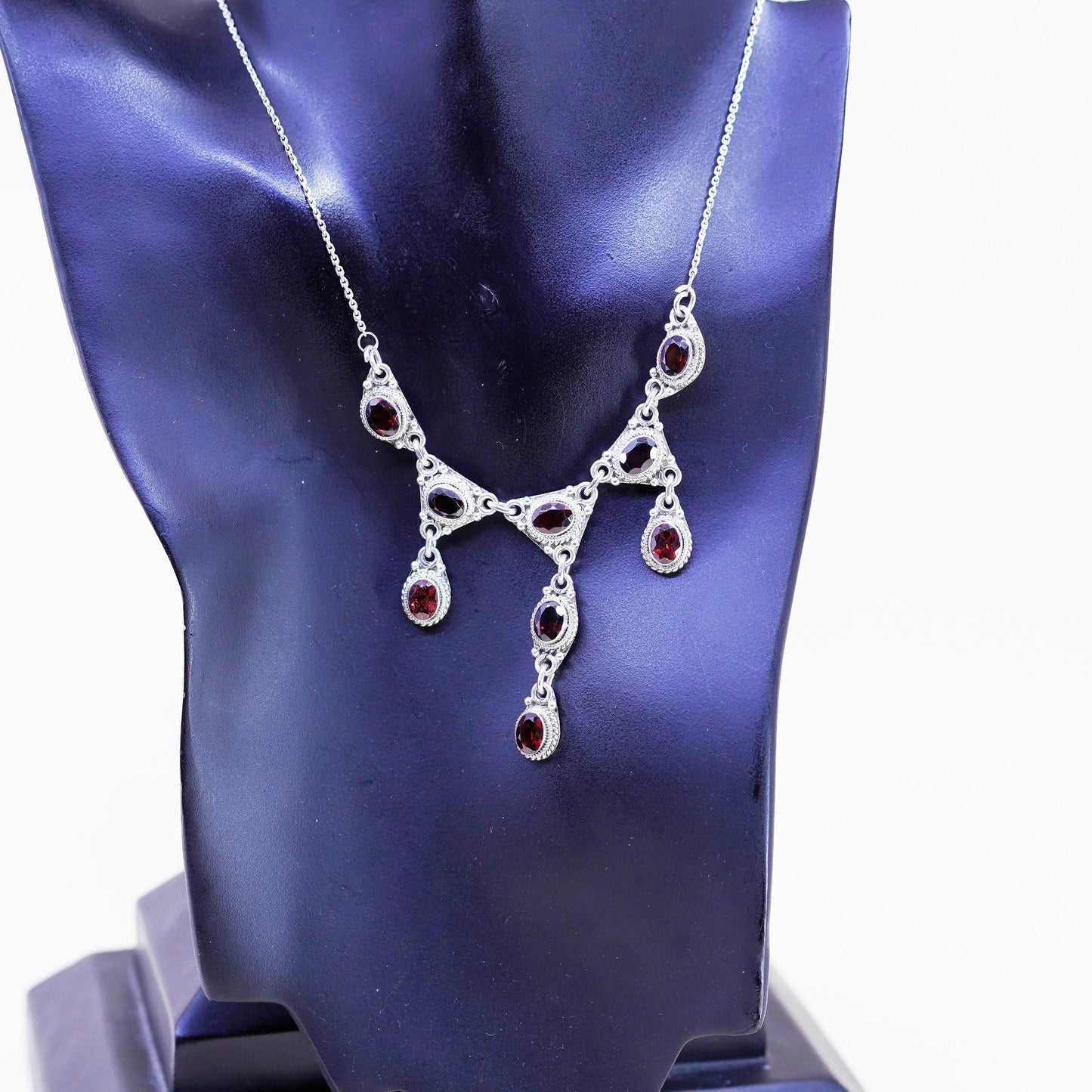 18”, Indian sterling silver handmade necklace, 925 circle chain w/ ruby pendant