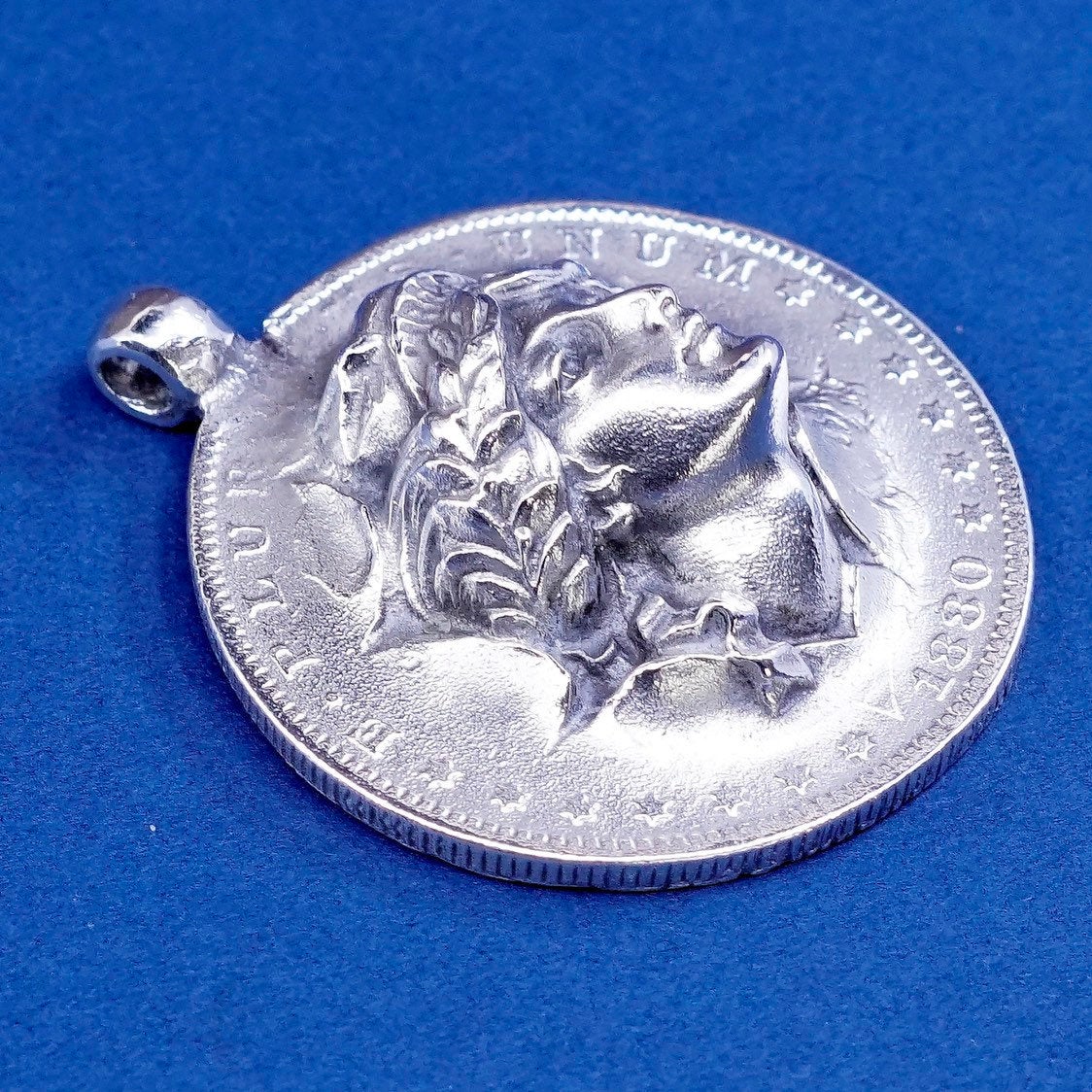 vtg 1880s sterling 925 silver coin, Pluribus unum liberty one dollar pendant