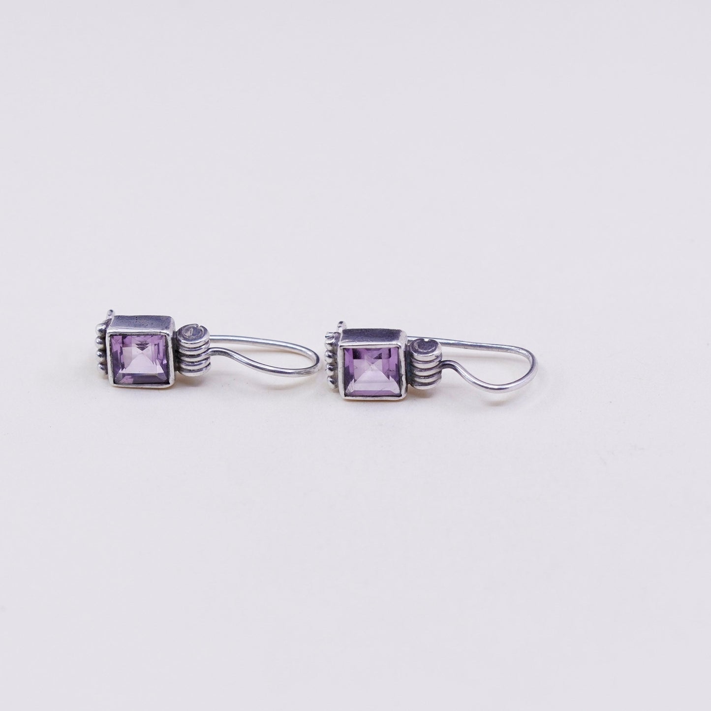 Vintage sterling silver handmade earrings, 925 with square amethyst drops
