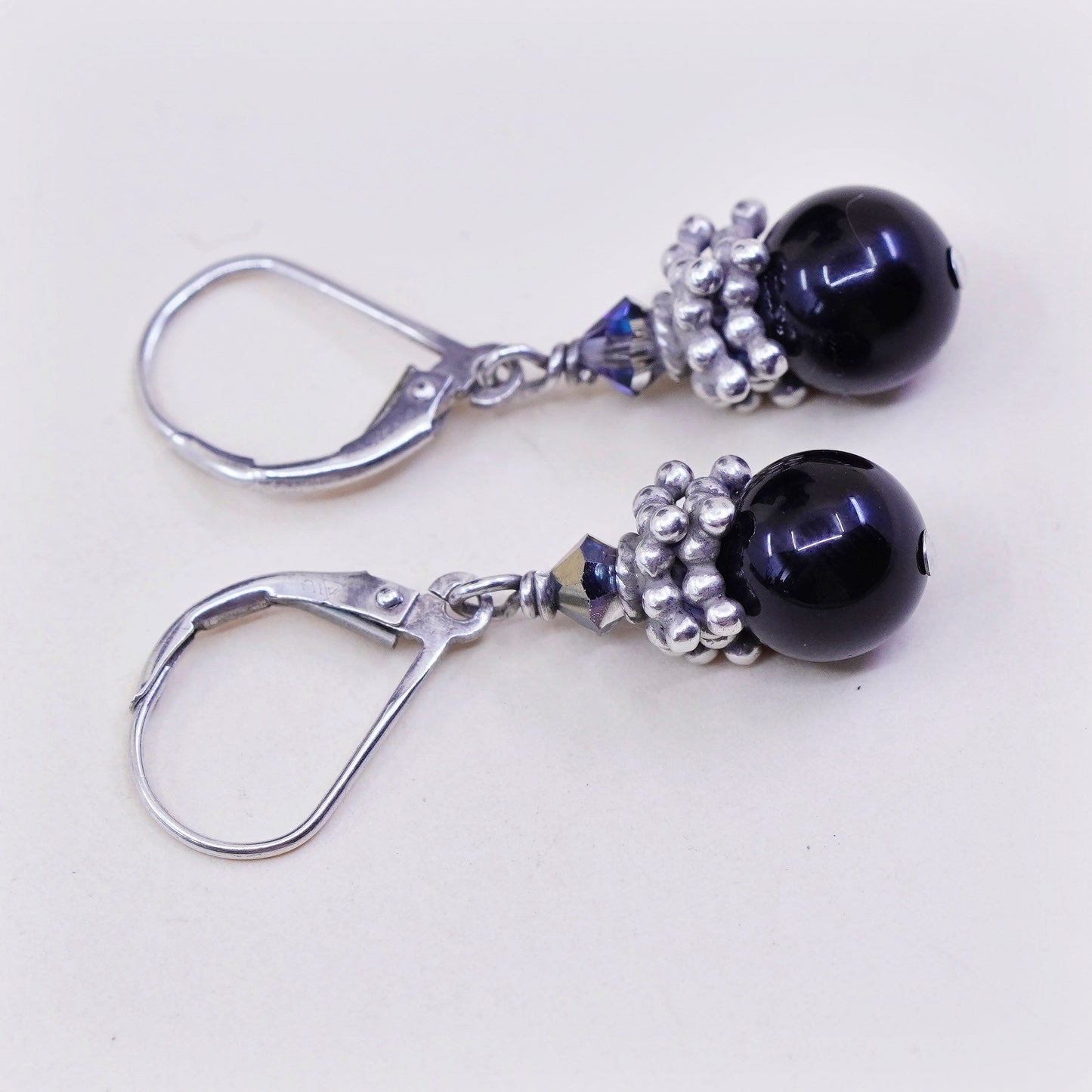 Vintage Sterling 925 silver handmade earrings with obsidian beads