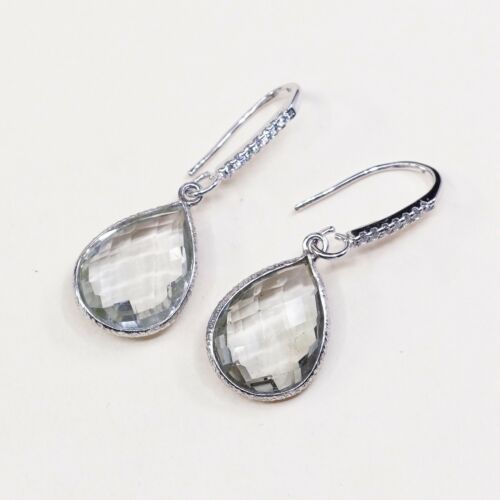 Vtg STERLING SILVER earrings with Cushion Cut Crystal dangles stamped 925