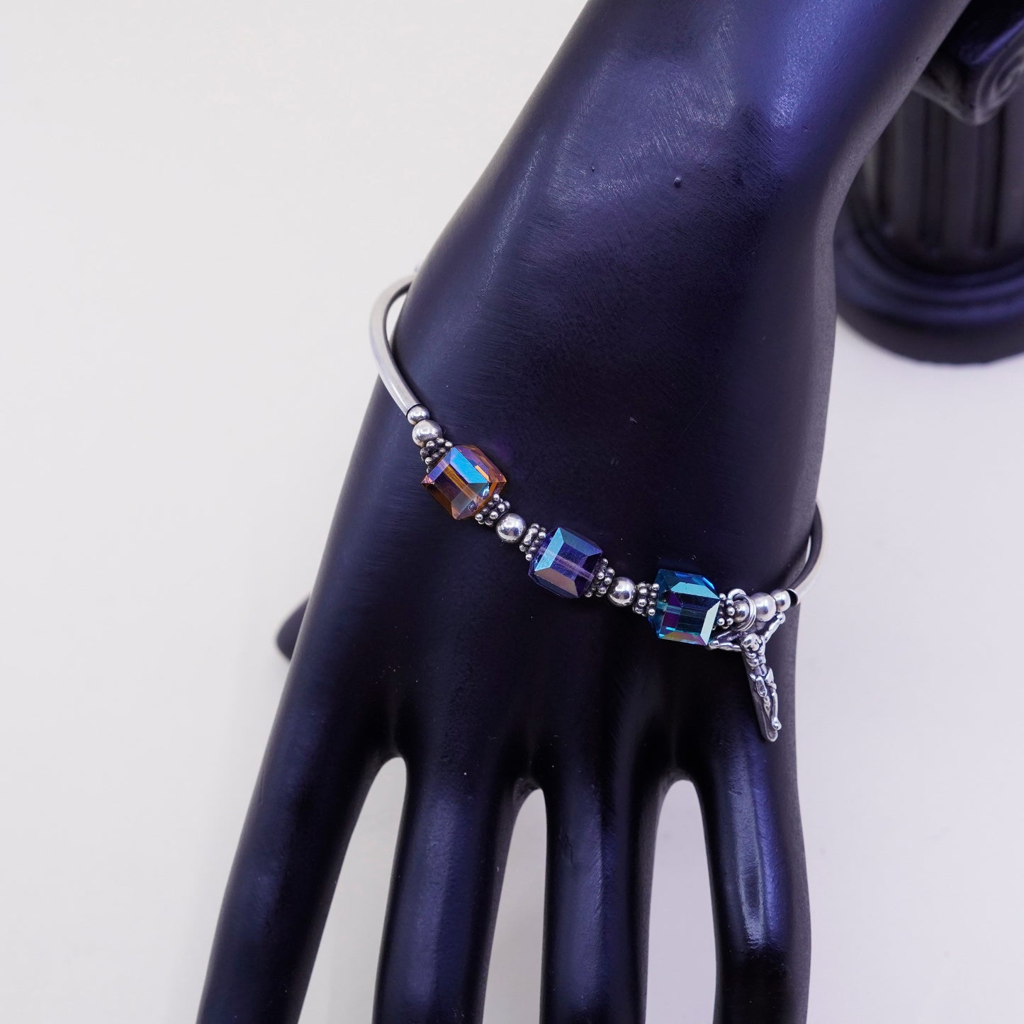 7”, Sterling 925 silver handmade bracelet Swarovski crystal beads N cross charm