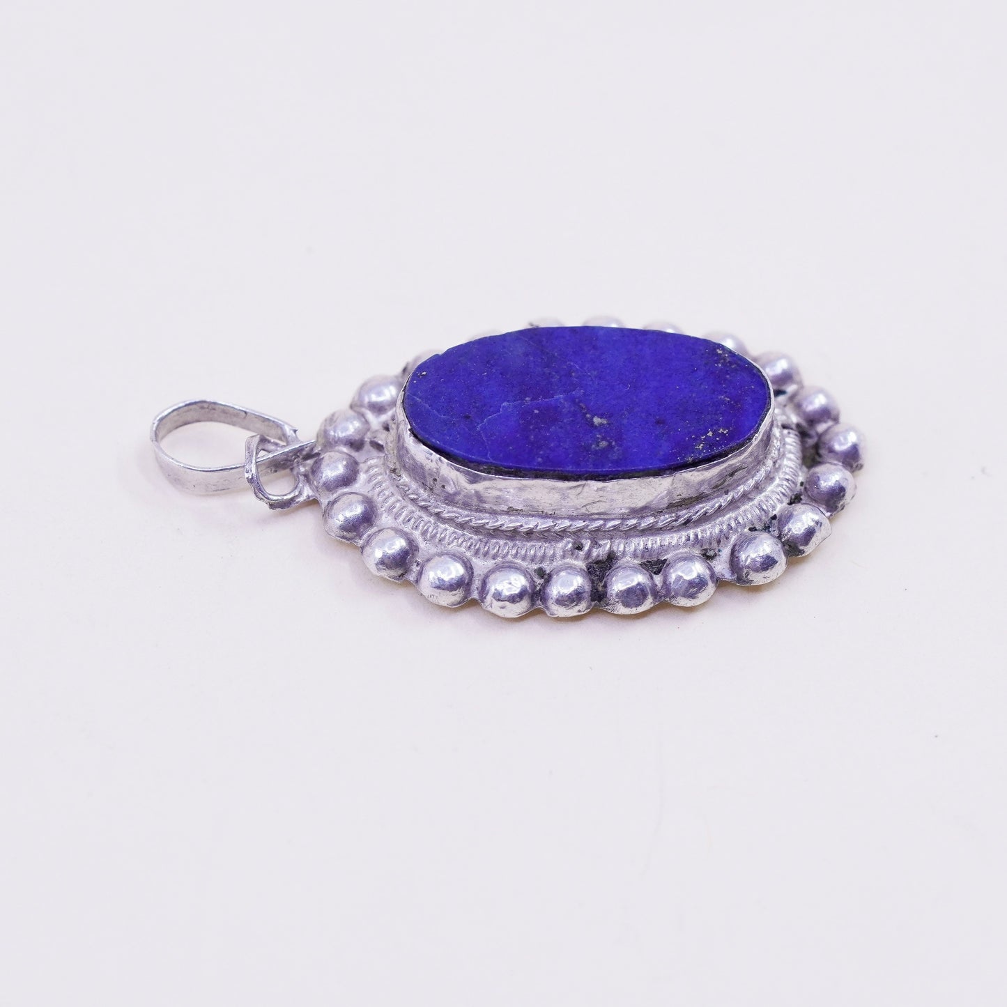 Vintage Sterling 925 silver handmade pendant with oval lapis lazuli and beads