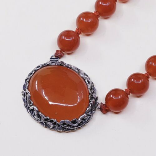 17”, Vtg Sterling Silver 925 Handmade necklace w/ Genuine Carnelian Pendant Bead