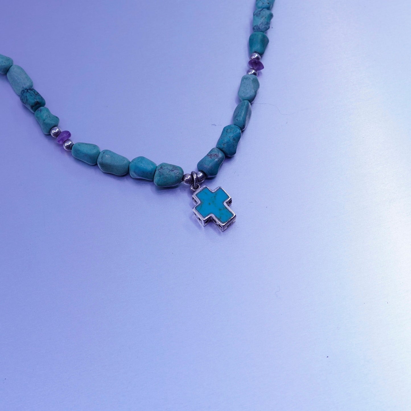 16”, Sterling 925 silver handmade necklace with nugget turquoise cross pendant