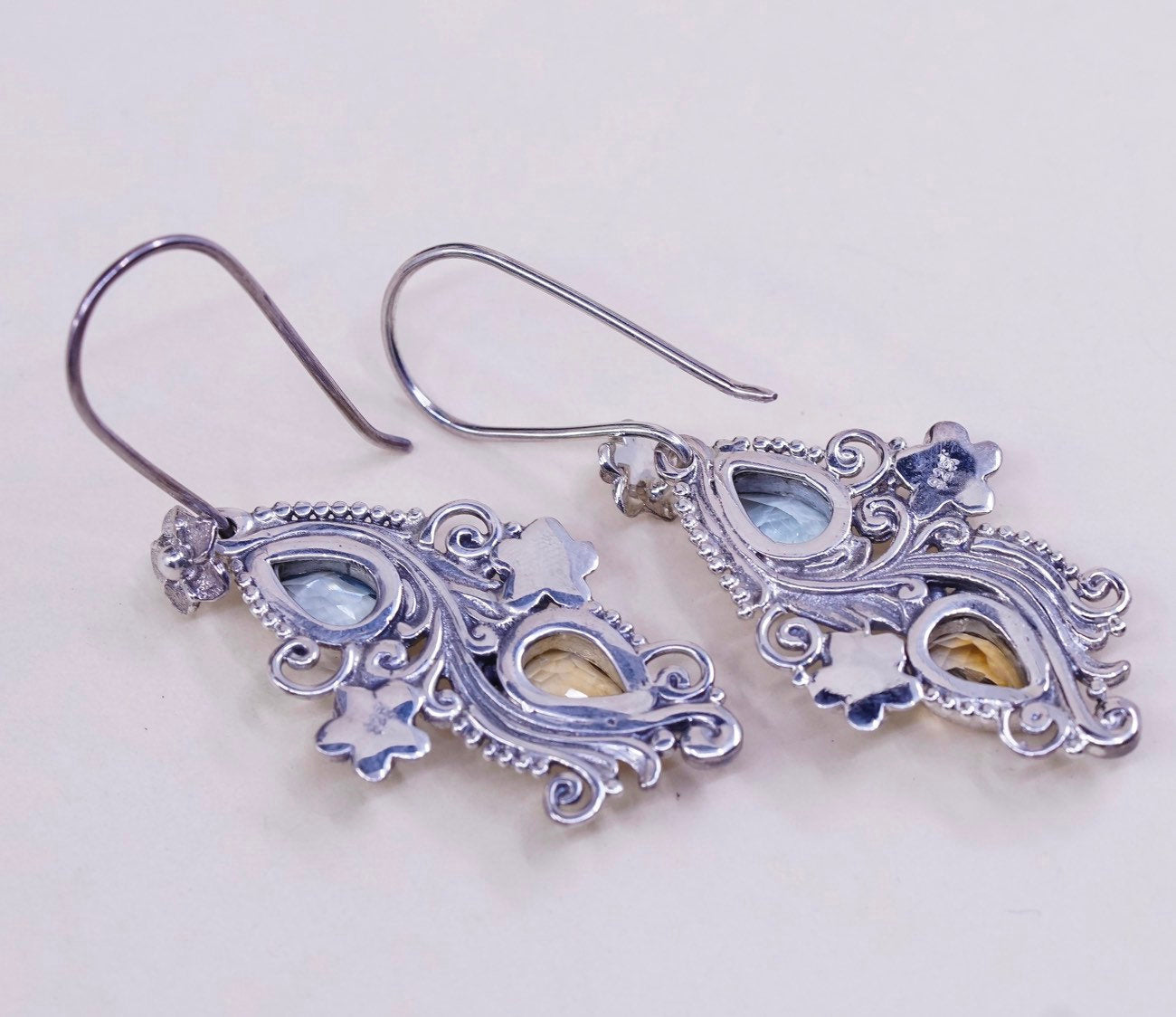 vtg Sterling silver handmade earrings, 925 dangles w/ citrine, topaz n flower