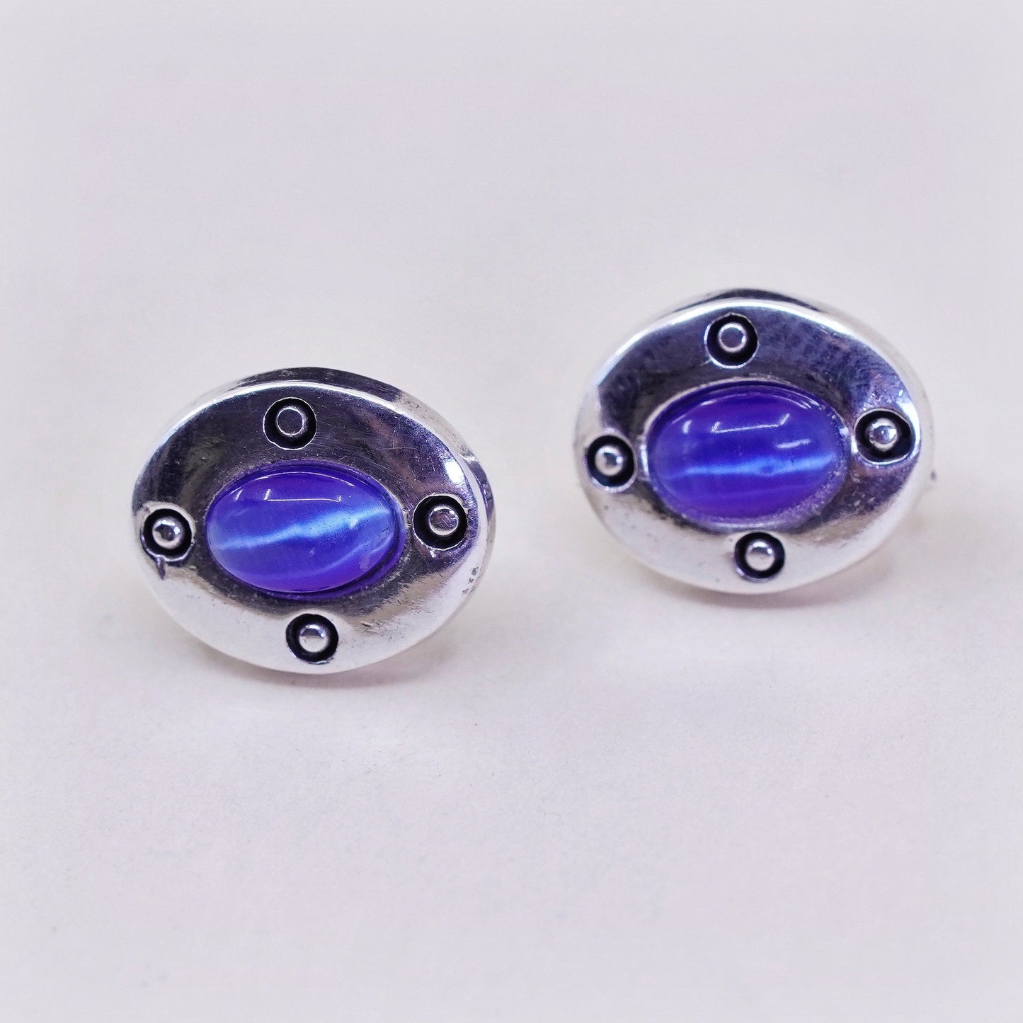 sterling silver handmade earrings, 925 studs with oval shaped blue cats eye