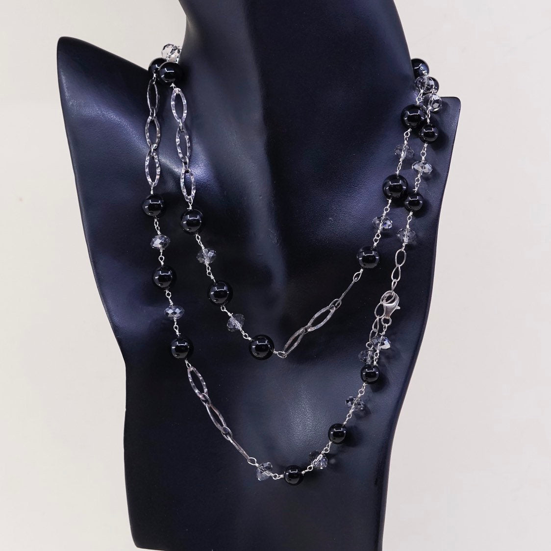 34" sweater Sterling silver handmade necklace 925 flatten chain w/ obsidian